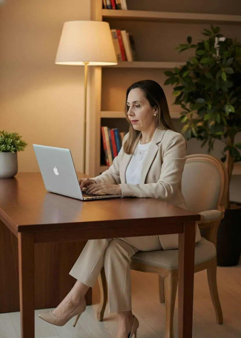 Mérope Vedana em atendimento online, sentada à mesa com o notebook