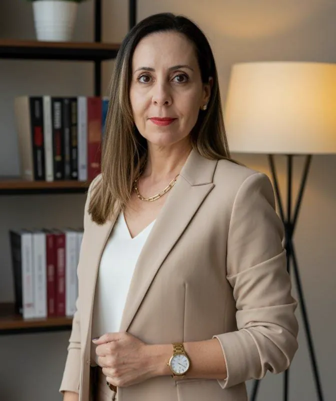 Retrato de Mérope Vedana, psicóloga, de blazer bege